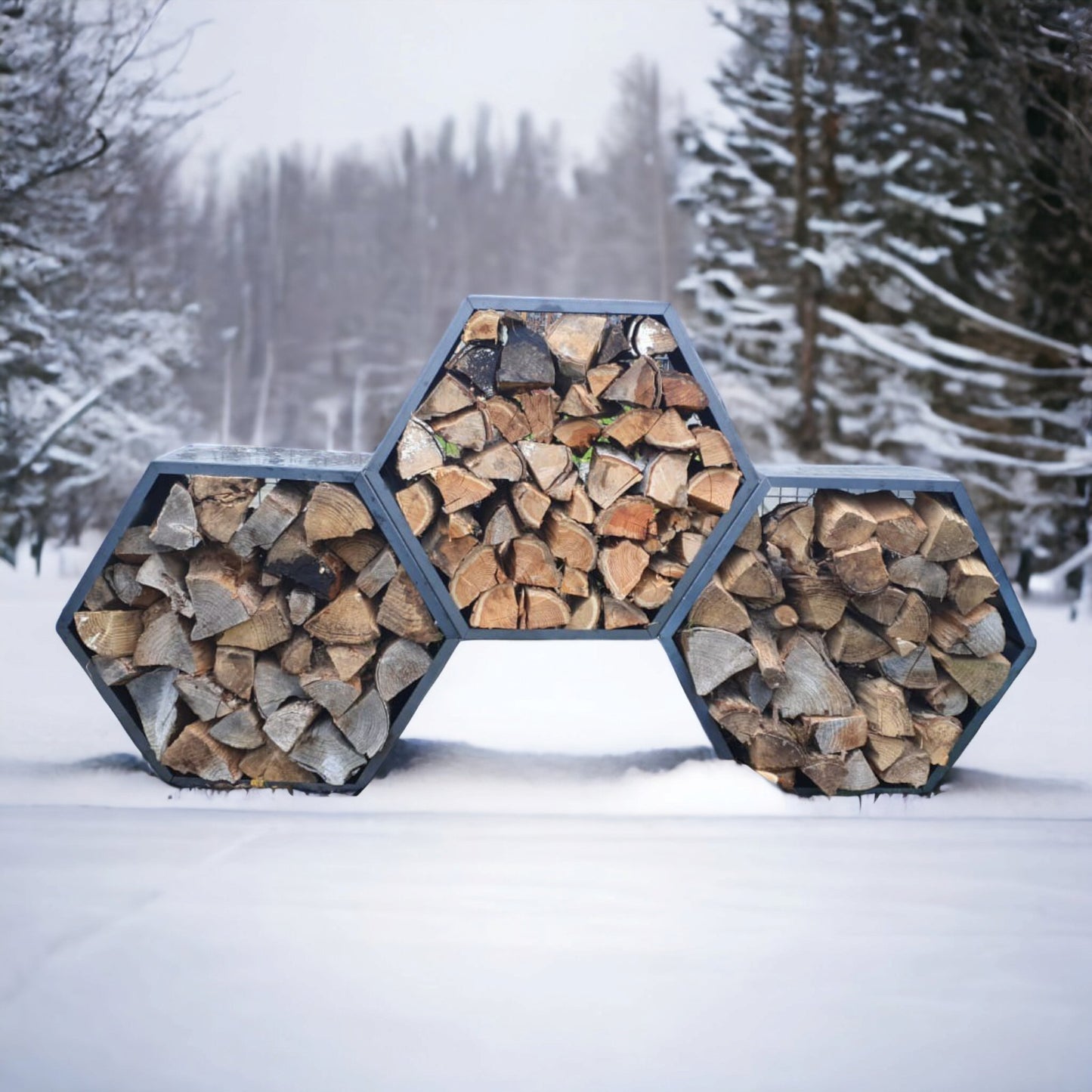 Holzlege Kaminholzregal Cortenstahl Individuelles Holzlager Brennholz Hexagon