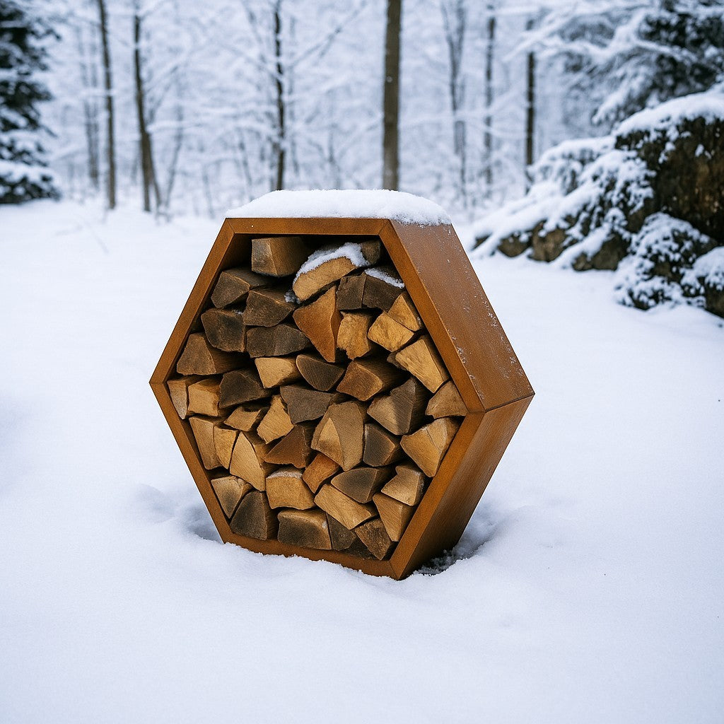Holzlege Kaminholzregal Cortenstahl Individuelles Holzlager Brennholz Hexagon